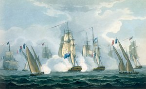 HMS Sirius, kapitán Rowse bojuje s francouzskou eskadrou u ústí Tibery, 17. dubna 1806, vyryl T. Sutherland pro "Námořní chronologii Velké Británie" od J. Ralfa, vydanou roku 1820 (spoluautor)